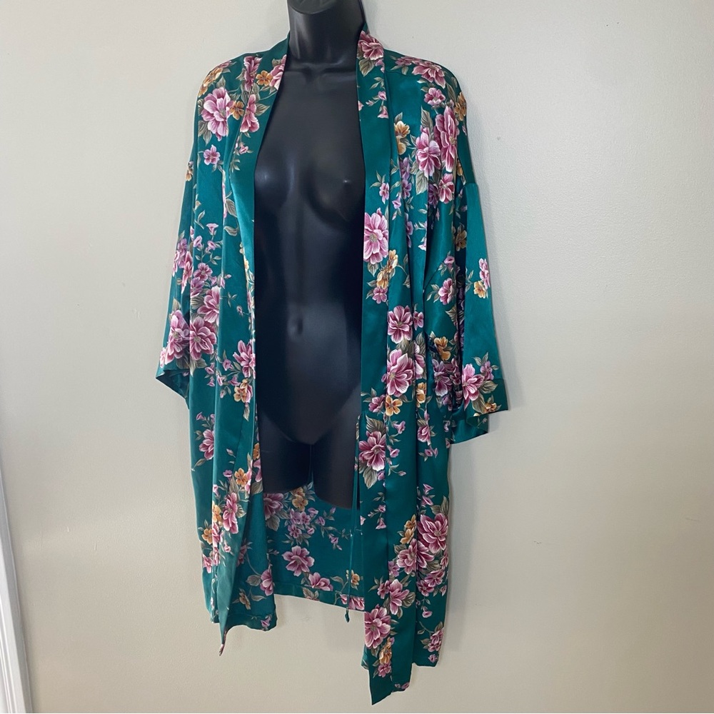 Silky Green and Pink Floral Robe Size L/XL